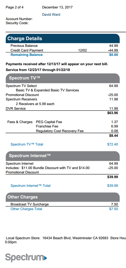 Cropped page of Spectrum bill showing section with extra fees