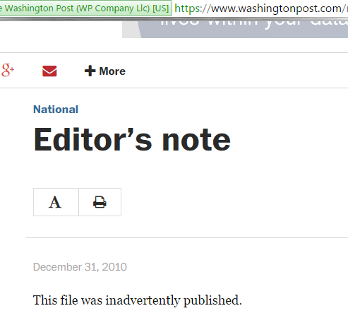 The Washington Post landing page titled "Editor's note"